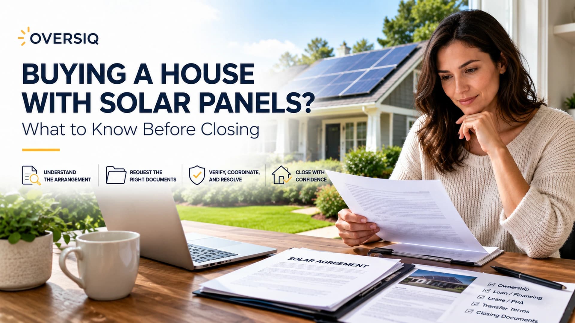 Homebuyer reviewing solar panel documents before purchasing a house