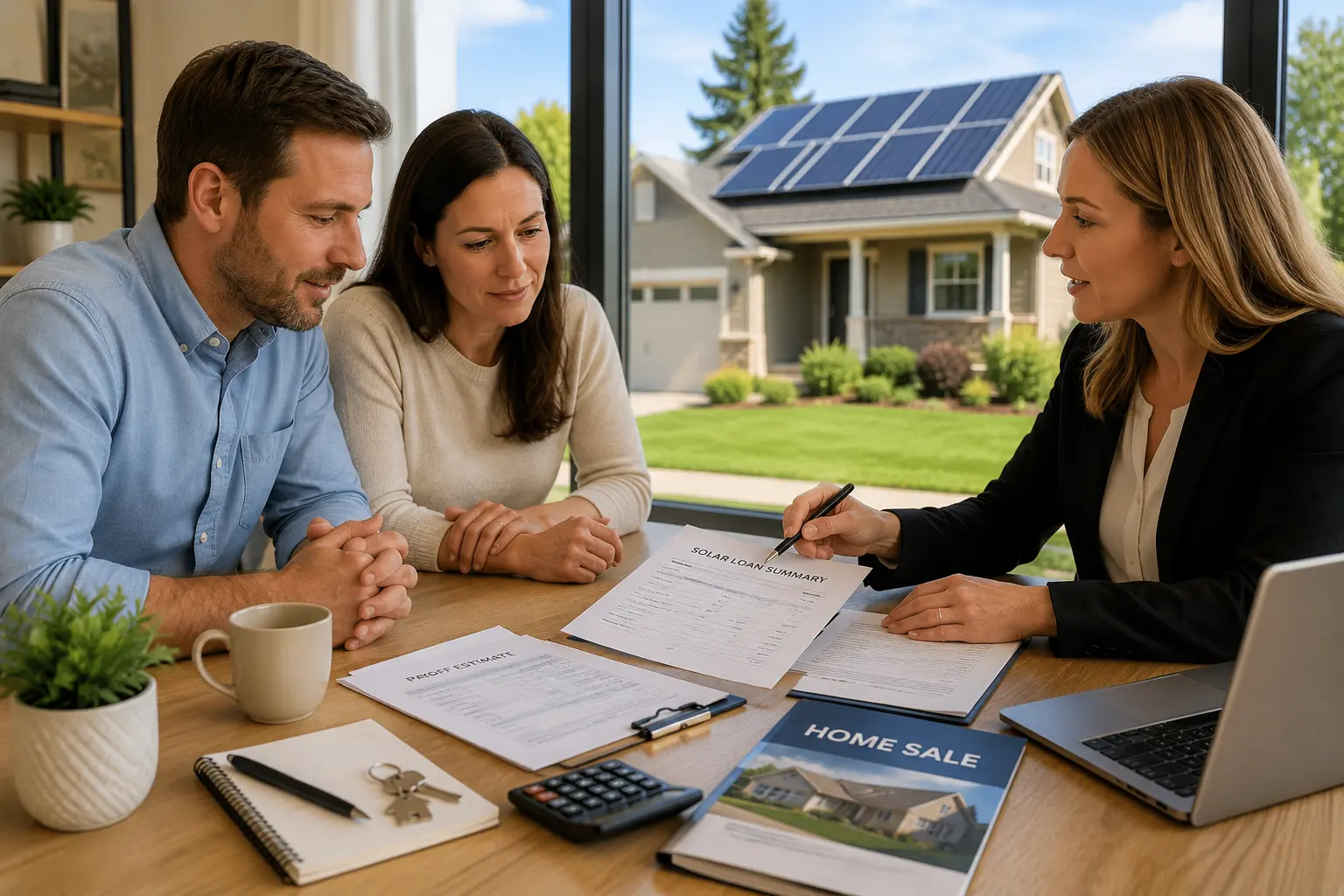 Buyer, seller, and real estate professional reviewing solar loan documents for a home with rooftop solar panels.