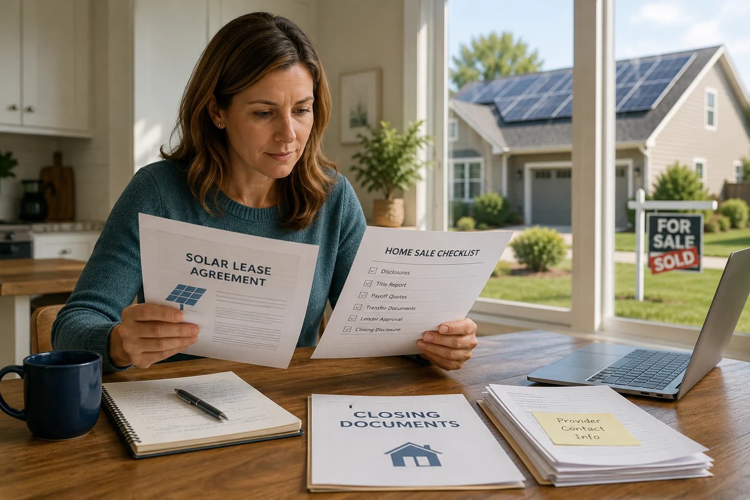 Home seller reviewing solar lease transfer documents with a residential solar home shown in the background.