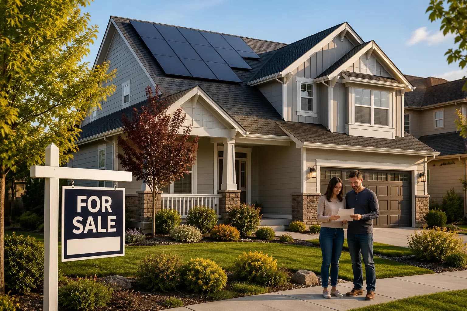 A suburban home with rooftop solar panels listed for sale, representing the process of selling a house with solar panels.