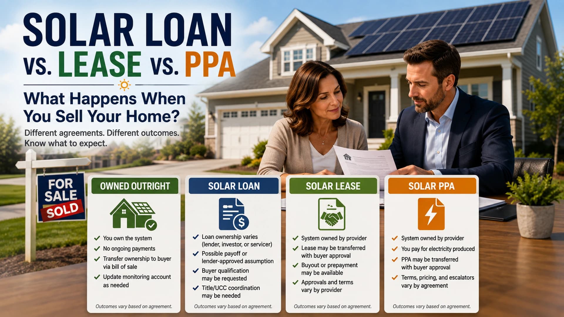 Home sale consultation graphic comparing owned solar, solar loans, solar leases, and solar PPAs for a house with rooftop solar panels.