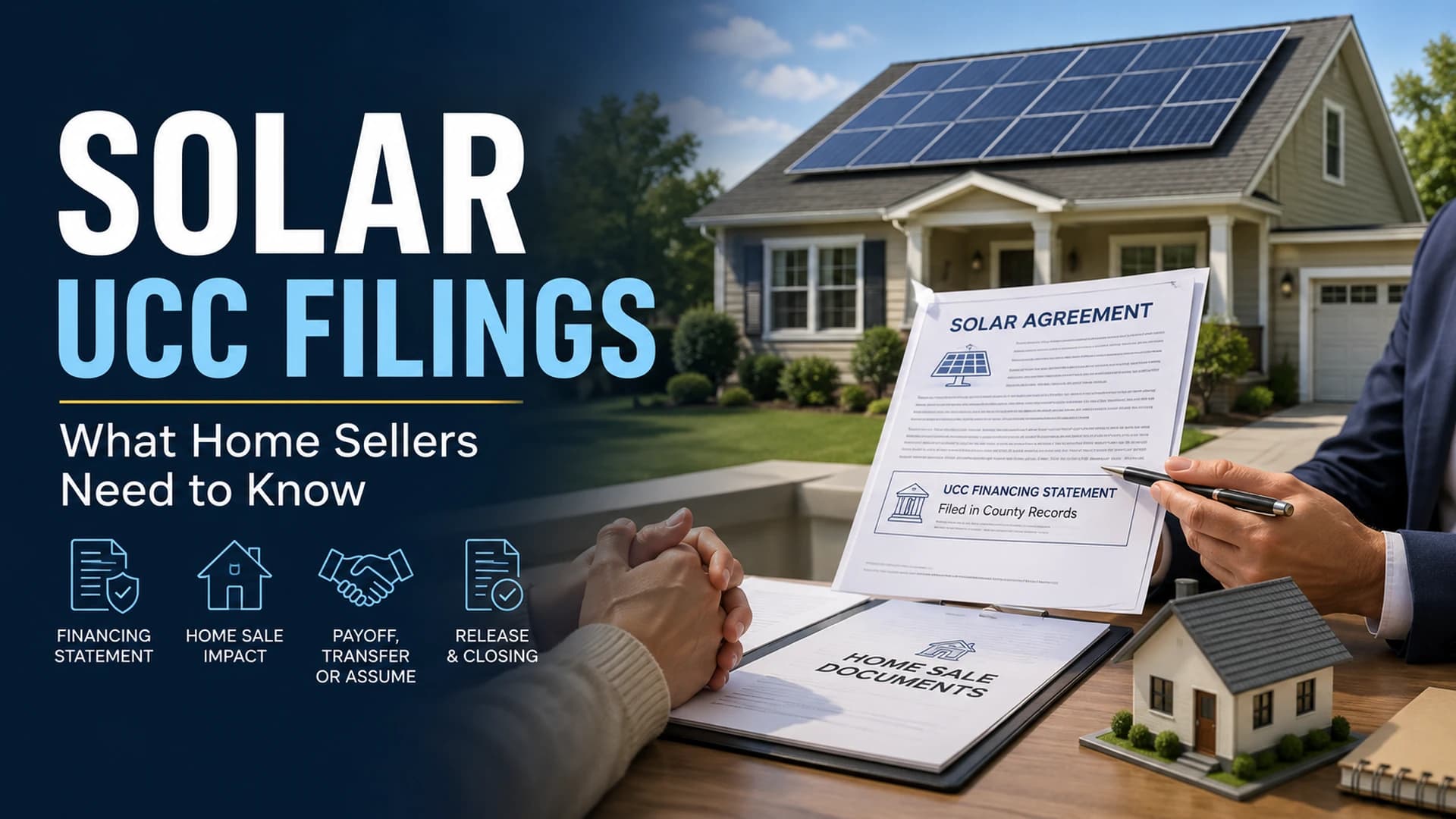 Solar-panel home with home sale documents and a solar agreement showing UCC financing statement language.