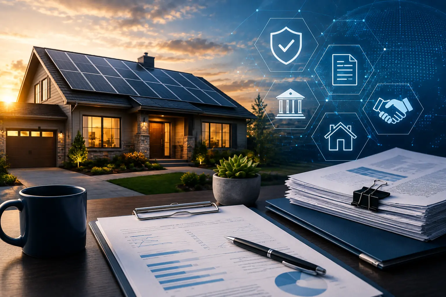 Suburban home with rooftop solar panels and transaction documents representing homeowner protection during a solar company bankruptcy.